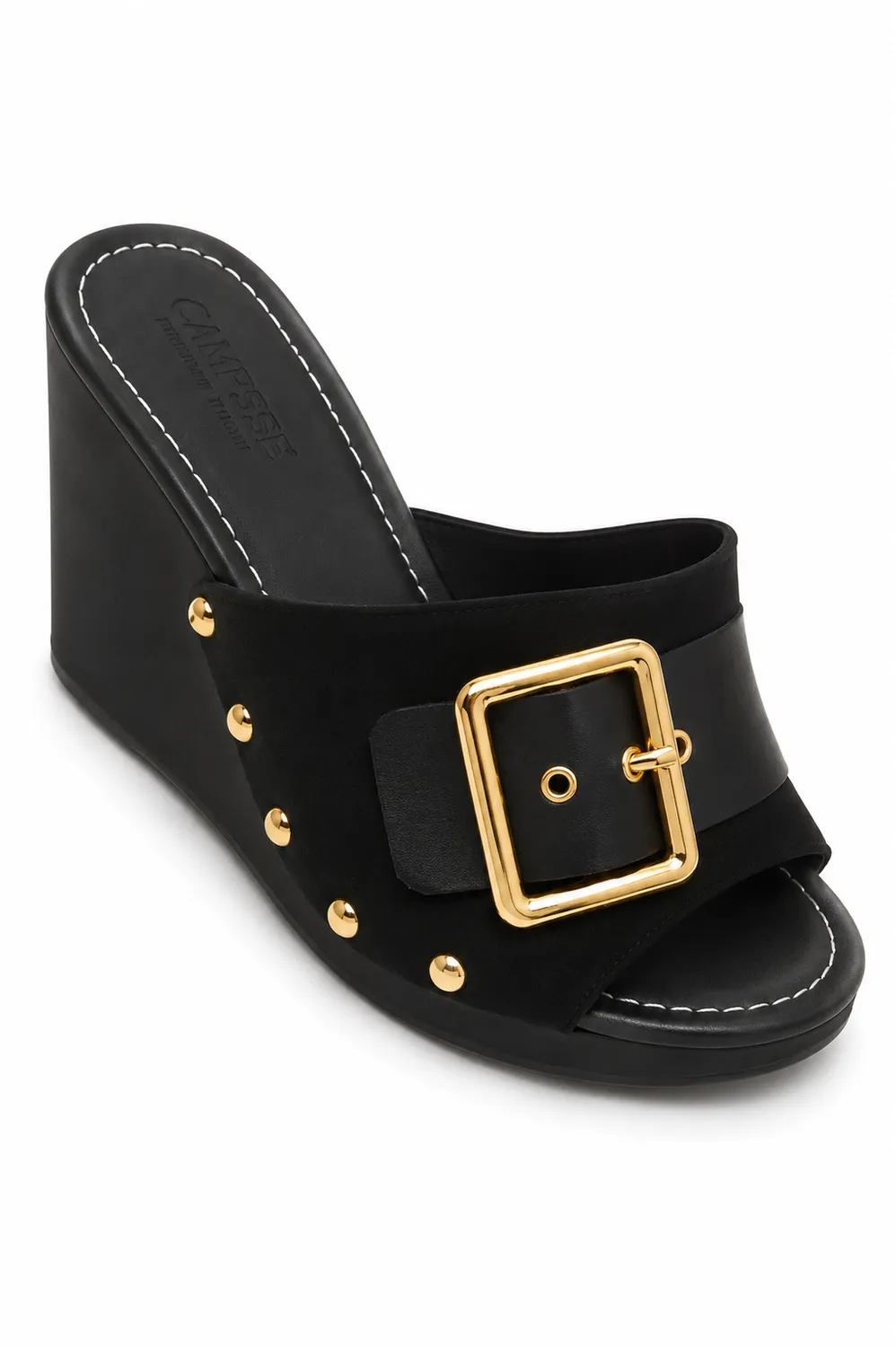 Noir Buckle Wedge Mule